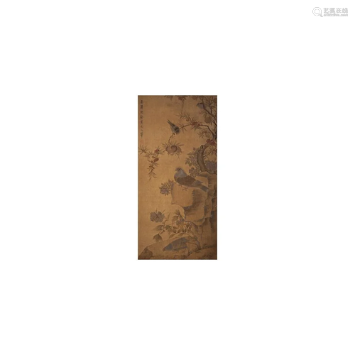 A CHINESE BIRDS AND FLOWER PAINTING SILK SCROLL, SHEN