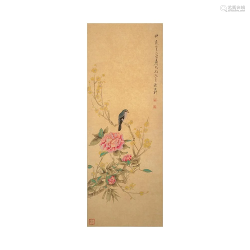 A CHINESE BIRDS AND FLOWER PAINTING SCROLL, XIE ZHILIU
