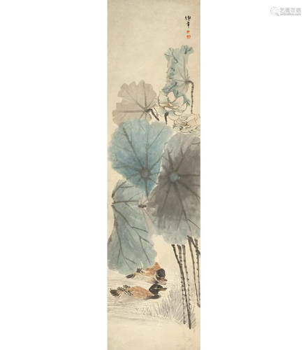 A CHINESE ANIMALS & FLOWERS PAINTING SCROLL, REN B…