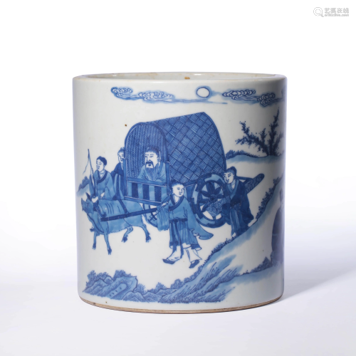 A BLUE AND WHITE HOMETOWN FIGURE BRUSH POT