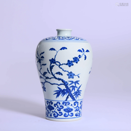 PORCELAIN BLUE & WHITE PLUM, BAMBOO & PINES MEIPING