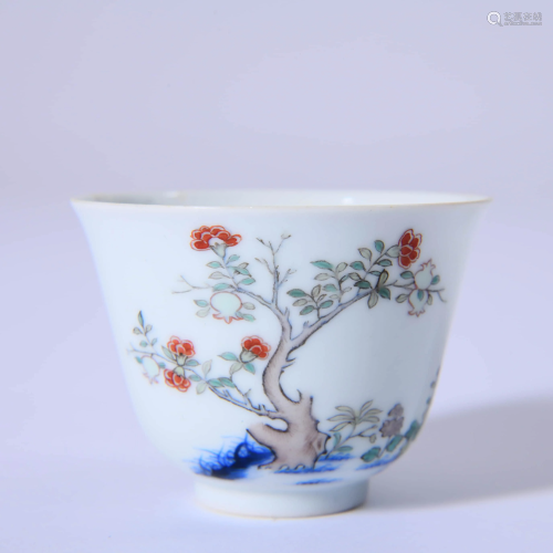 PORCELAIN BLUE & WHITE POMEGRANATE FLOWER CUP, MARK…