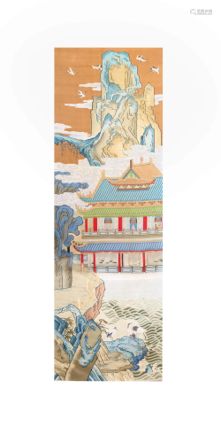 AN EARLY QING DYNASTY SILK EMBROIDERY OF A PAVILLION