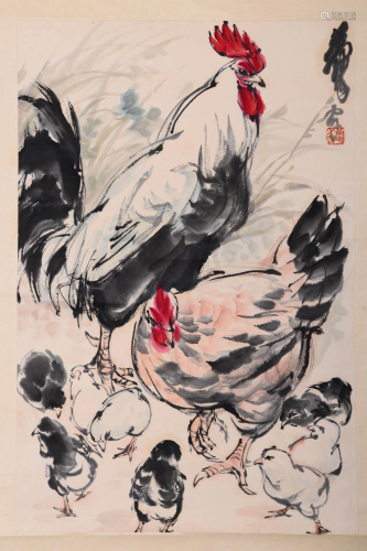SCROLL PAINTING OF A ROOSTER A HEN & CHICKENS HUA…