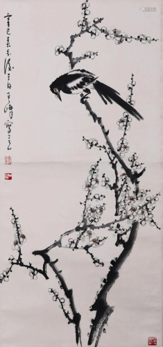 SCROLL PAINTING OF A MAGPIE PERCHING ON A BRANCH …