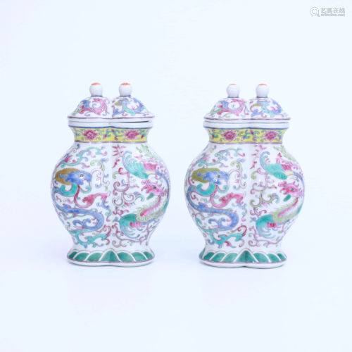 A PAIR OF CHINESE PORCELAIN FAMILLE ROSE DRAGON &