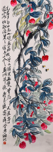 SCROLL PAINTING OF AN ORANGE TREE QI LIANG CHI MARK