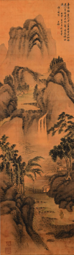 SCROLL PAINTING OF A MAN ASKING THE WAY IN A