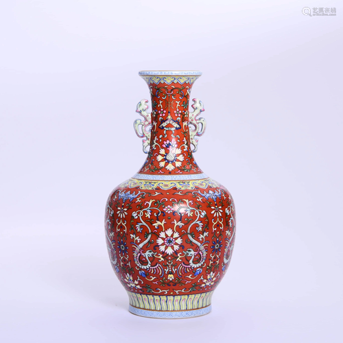 PORCELAIN RED-GROUND INTERLOCKING BRANCHES VASE,