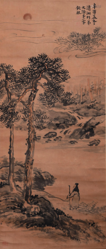 SCROLL PAINTING OF A MAN IN A FOREST ON HIS WAY