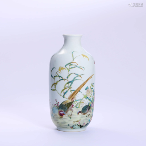 PORCELAIN POENY & ROOSTER VASE, MARKED YONG ZHENG