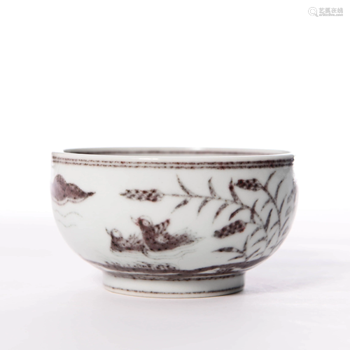 PORCELAIN COPPER-RED-GLAZED FLORAL BOWL