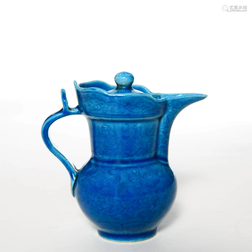 PORCELAIN BLUE-GLAZED WINE VESSEL & COVER