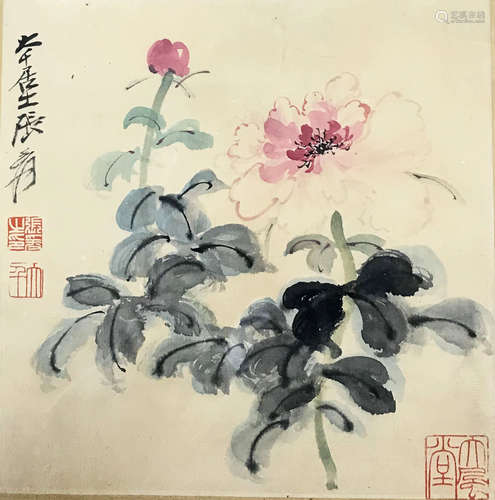 张大千 花卉 纸本设色 镜框