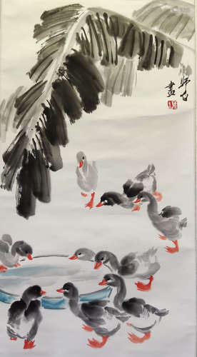 娄师白 花鸟、小鸭 纸本设色 立軸