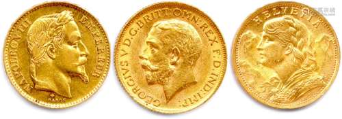 三枚金币（重量：20.89克）：拿破仑三世20法郎（月桂头）1868年斯特拉斯...