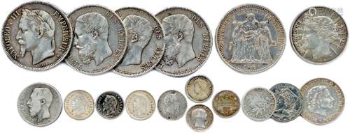 共17枚硬币，其中15枚银币（重量：153.63克）和2枚镍币：法国拿破仑三...