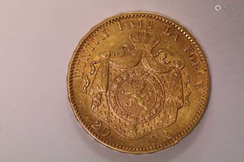 1878年比利时国王利奥波德二世的20法郎金币。直径：2厘米。重量：6.4...
