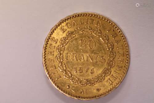 20法郎金币1875年。直径：2厘米。重量：6.44克。