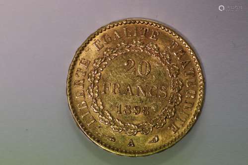 1898年20法郎金币。直径：2厘米。重量：6.44克。