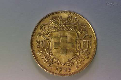 1935年瑞士20法郎金币。直径：2厘米。重量：6.44克。