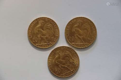 1908年和1909年三枚20法郎金币（2枚）。直径：2厘米。重量：19.32克。