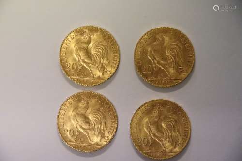 1909年、1913年和1914年4枚20法郎金币（2枚）；直径：2厘米。重量：25.7...