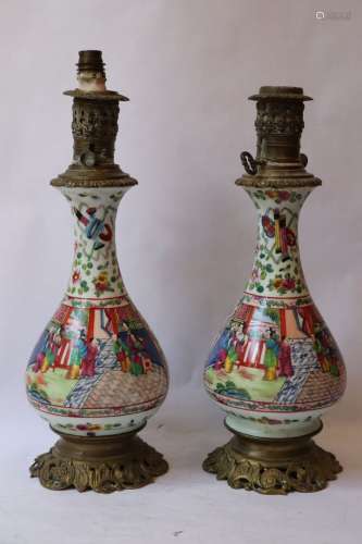 广州。两盏广东瓷器花瓶形的灯，有储物字和播种花器的装饰。可以形成...