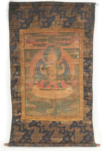 西藏。彩绘唐卡代表Sadaksari Lokshara坐在牡丹前的双晕上。18世纪...