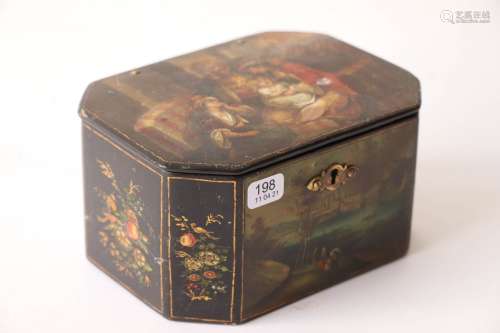 长方形黑漆木盒，饰以叶子、风景和花卉的多色彩绘。19世纪后期。高度...