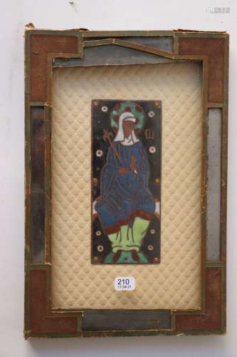 长方形的多色珐琅铜板，代表坐着的圣母。14,5 x 6,2 cm.纸板框架与...