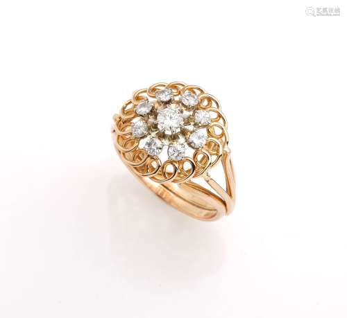 圆形黄金和白金戒指，镶嵌9颗现代切割的小白钻。手指尺寸：53.5。重量...