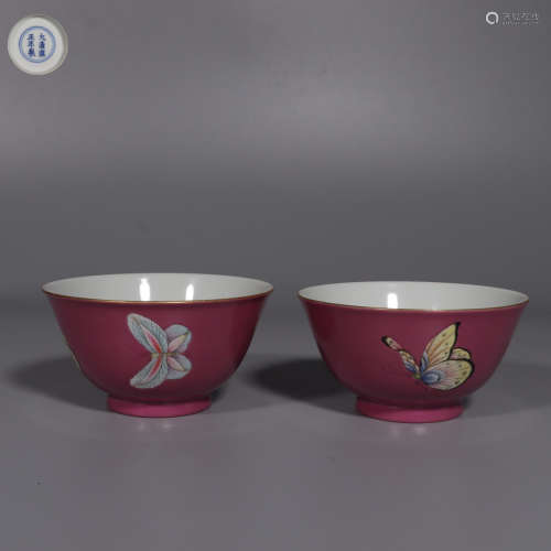 A Pair of Rouge Red Small Bowl with Butterfly Pattern