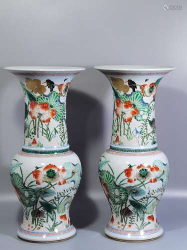 A Pair of Statue with Colorful Kingfishers Lotus and Phoenix...