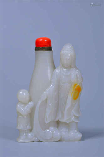 Jade Carving Snuff Bottle with Avalokitesvara and Boy