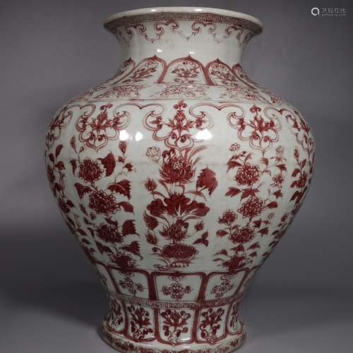 Underglazed Red Pomegranate Statue with Seasons of Flowers