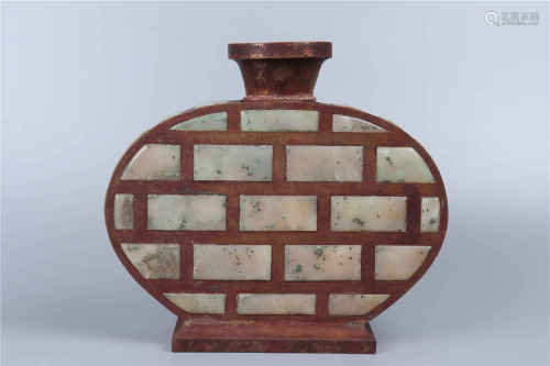 Flat Copper Pot Inlaid With Jade
