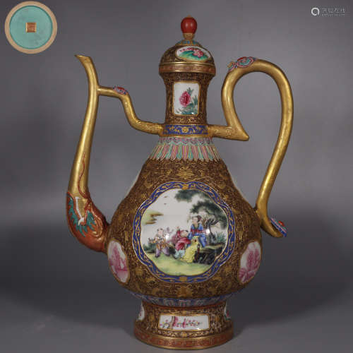 Famille Rose Ewew with Gold and Window Figure and Story Patt...