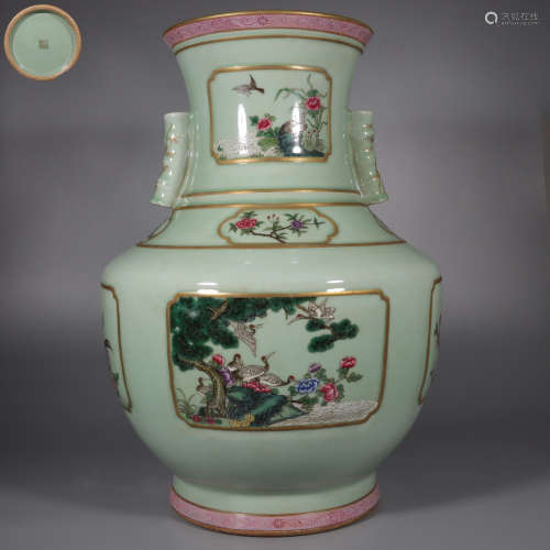 Bean Green Glaze Statue with Pierced Handles with Pastel Win...