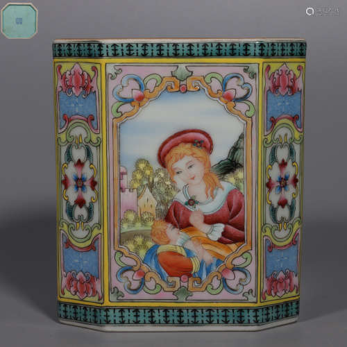 Famille Rose nPen Holder with Opening Window and Western Fig...