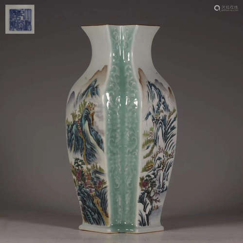 Famille Rose Vase with Landscape  Figure and Story Pattern