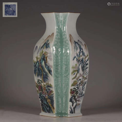 Famille Rose Vase with Landscape  Figure and Story Pattern