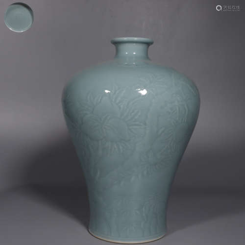 Monochromatic Glazed Plum Vase with Dark Carved Flower Patte...