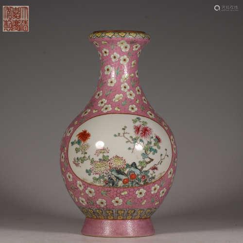 Famille Rose Vase with Flowers and Window Pattern