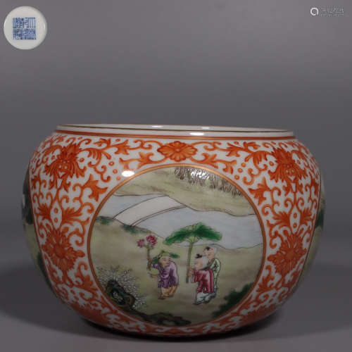 Famille Rose Pot with Wrapped Branch Window and Figure Story...