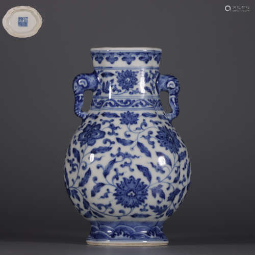 Blue-and-white Statue with Elephant Ears and Wrapped Lotus P...