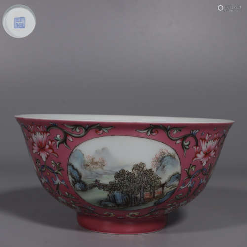 Carmine Pink Famille Rose Bowl with Window Landscape and Fig...