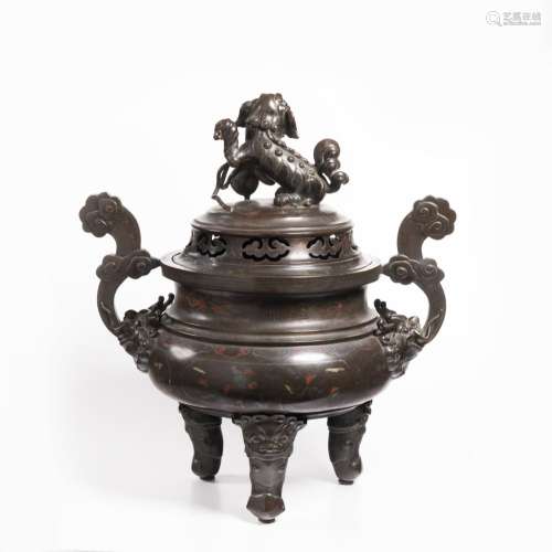 A LARGE CHINESE BRONZE INCENSE BURNER WITH LION DOG FINIAL