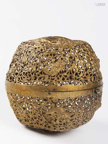 A CHINESE PIERCED GILT BRASS INCENSE BALL