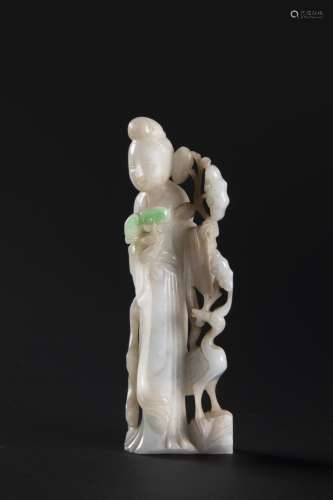 A FINE CHINESE JADEITE FIGURE OF GUANYIN WITH A CRANE